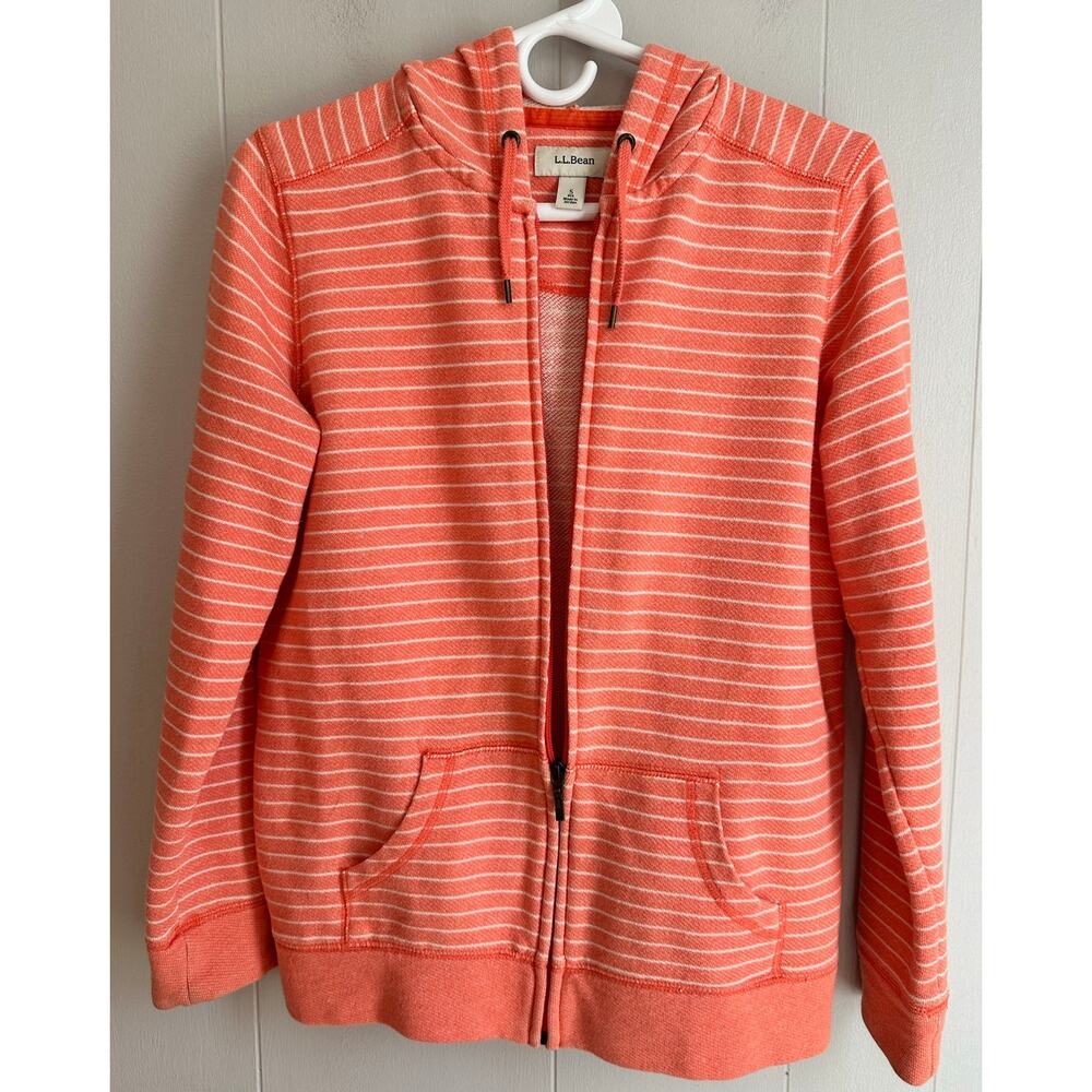 L.L. Bean Full Zip Up Hoodie Sweatshirt, 70% Cotton, Striped Coral, Womens Sz S
